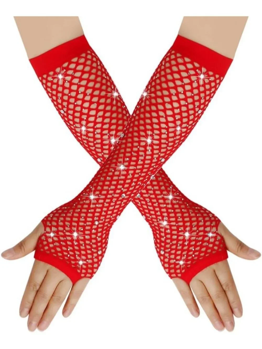 Women's Red Long Fishnet Fingerless Gloves Nylon Rhinestone 80s Party Cosplay